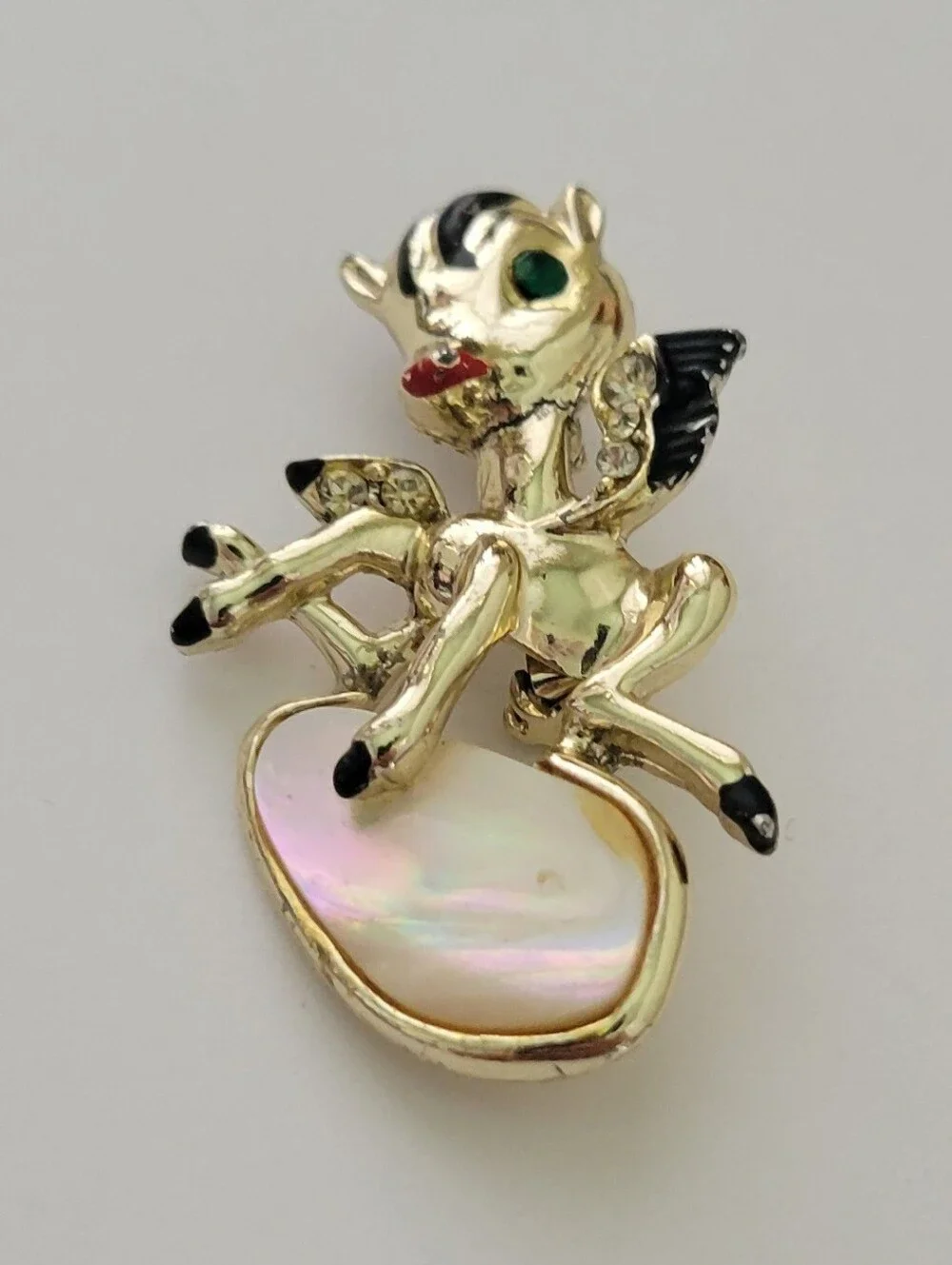 Vtg Pegasus Donkey Horse Brooch Pin Mother Of Pearl Mop Rhinestone Enamel Fairy
